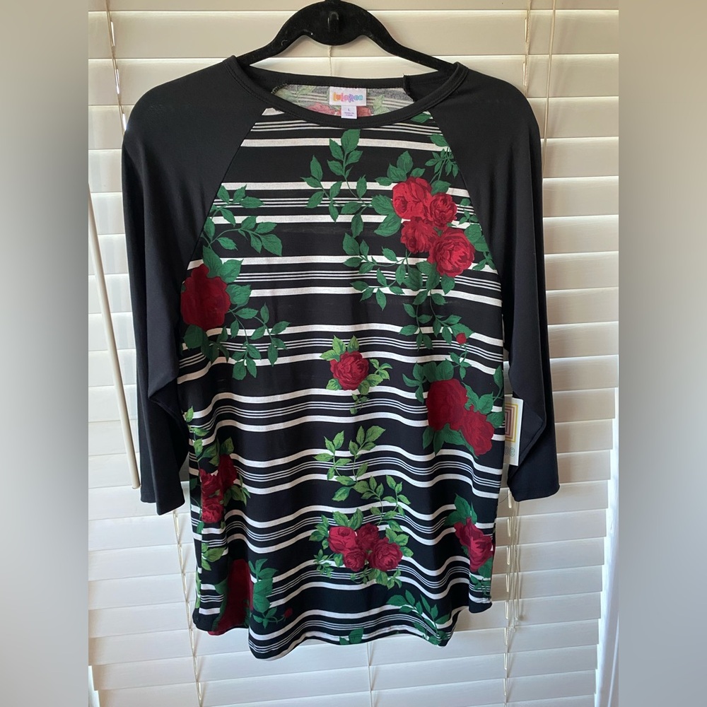 Accepting offers- LuLaRoe Black and Red Floral Striped Top